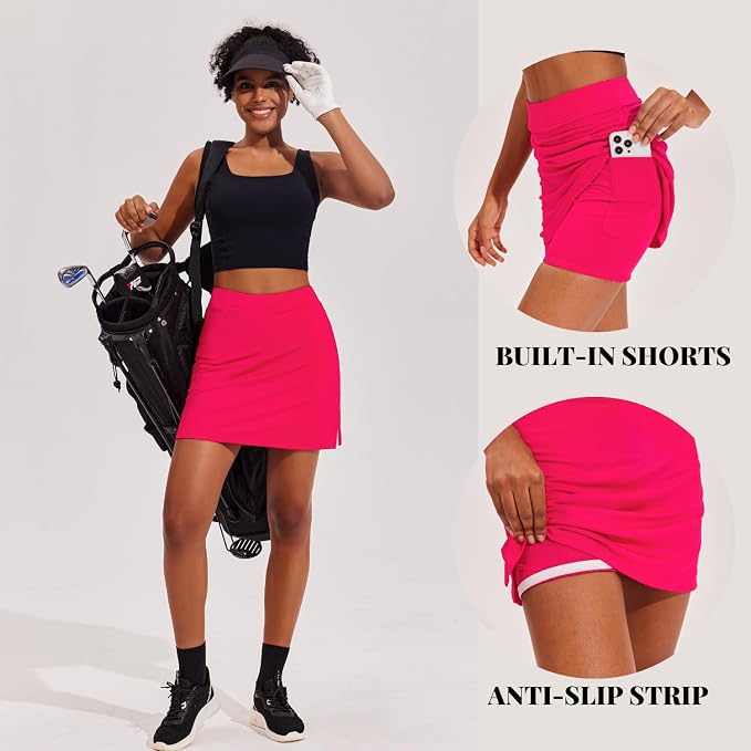 Ekouaer 16" Skorts for Women with Pockets Golf Pickleball Tennis Skirt | Silicone Grippers,2 Inner Pockets,Wide Waist,Side Slit Hem,Breathable,Soft,Lightweight