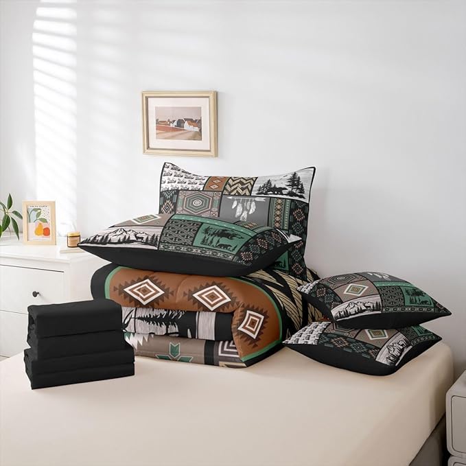 Feelyou Rustic Bear King Comforter Set with Sheets for Kids Boys Girls Retro Bohemian 7 Pieces Bedding Set Farmhouse Cabin Hunting Deer Bed in a Bag Buffalo Plaid Room Decor Soft Microfiber