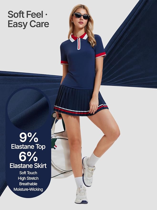 Women's 2-Piece Tennis Skirt Set, Polo V-Neck Top & High-Waisted Pleated Skirt, Athletic Outfit for Golf Pickleball