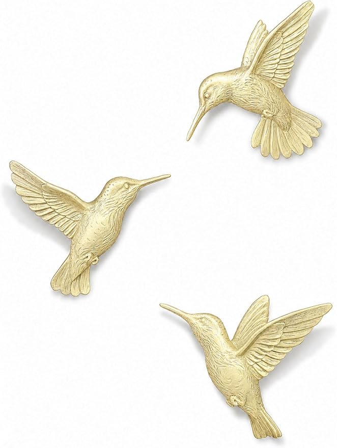 GUSFREUD 3D Hummingbird Wall Decor Set - Gold Resin Bird Wall Decor for Living Room, Bedroom and Gallery Walls - Champagne Gold - Set of 3