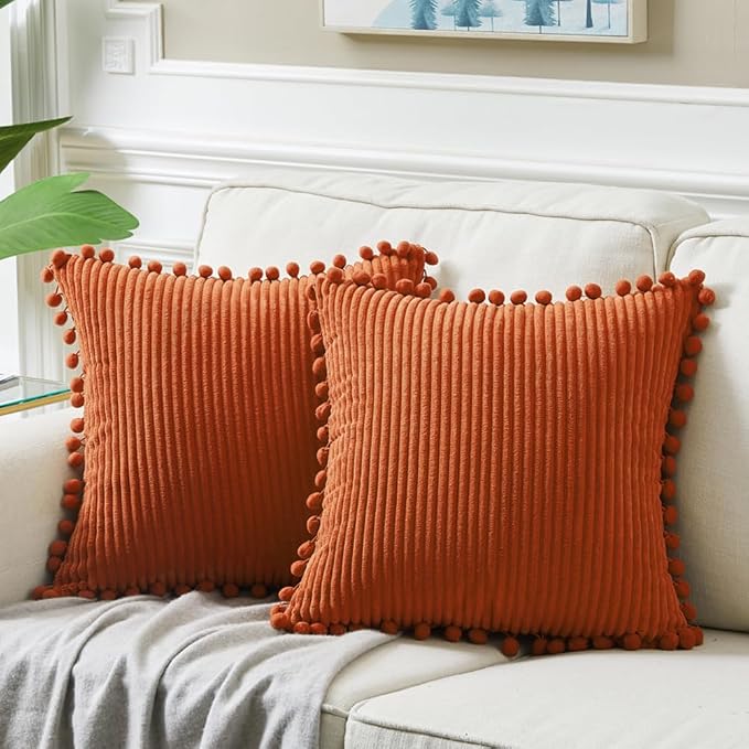 Fancy Homi Pack of 2 Burnt Orange Decorative Throw Pillow Covers 16x16 Inch with Pom-poms for Couch Bed Bedroom, Soft Corduroy Solid Square Cushion Case 40x40 cm, Farmhouse Boho Fall Home Decor