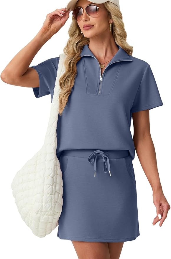 GRECERELLE Women's Summer 2 Piece Skort Set Half Zip Short Sleeve Top & Pocketed Tennis Skirt For Sports & Vacations.