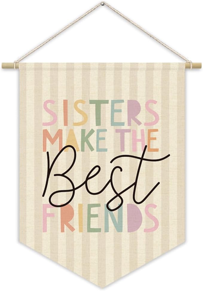 Vintage Girls Room Wall Art Decor,Toddler Girl Room Cute Pink Nursery Bedroom Playroom Canvas Banner Decorations,Sisters Make The Best Friends Wall Hanging Pennant Flag Banner for Little Girls