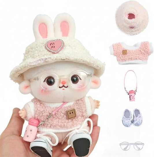 5 Set 17cm Doll Clothes -Clothes for Dolls Outfit - Accessories for 17cm Dolls Clothes +Light Pink Heart-Shaped Velvet hat + Small Camera + Glasses + Canvas Shoes, No Doll Included (Style A1)