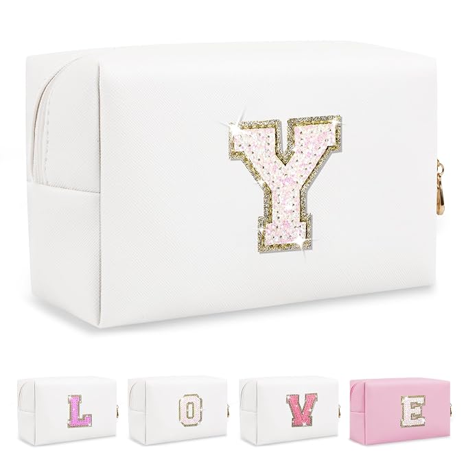 Small Initial Patch Makeup Bag Personalized Gifts Make Up Bag,White Cute PU Leather Glitter Letter Cosmetic Bag with Zipper,Trendy Portable Travel Toiletry Pouch,Preppy Stuff for Teen Girls Women Y