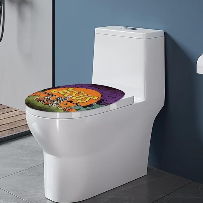 Jesus Pumpkin Skeleton Toilet Lid Cover Elongated for Halloween Decor Bathroom Decoration Accessories Machine Washable Dustproof Toilet Seat Cover for All Saints' Day