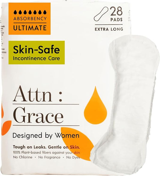 Attn: Grace Ultimate Incontinence Pads for Women, 28-Pack - Plant-Based, High Absorbency, Breathable - Overnight Pads for Heavy Bladder Leaks & Sensitive Skin