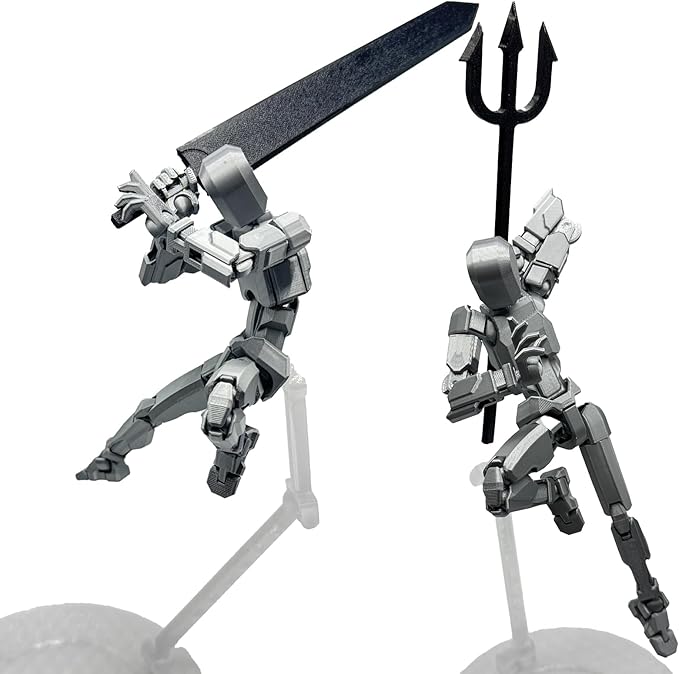 3D Printed Enlarge Body Size 8.1-inch Action Figure Dummy20, Full Body Mechanical Movable Toy, Multiple Accessories, Desk Decoration (Bracket, 3 HandsType, Weapons, Armour) (Silver)