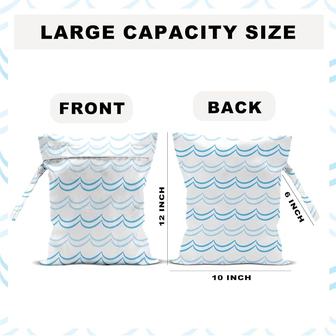 Blue and White Wave Pattern Wet Bag 12x10 Inch, Wet Dry Bag for Swimsuit Travel Beach Pool Stroller Diapers Dirty Yoga Gym Clothes Toiletries Waterproof Reusable with Two Zippered Pockets & Handle