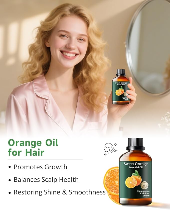 Orange Essential Oil, Fresh Scent, Aromatherapy & Cleaning, 3.38 Fl Oz | Mumianhua Cold-Pressed Orange Oil. Bright Citrus Scent. Skin-Safe for DIY Perfume, Soap & Candle Making, Cleaning & Diffusion