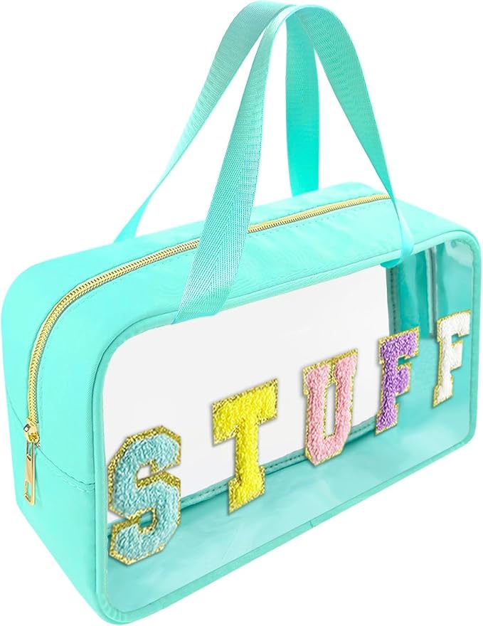 Bunliuys Chenille Letter Clear Makeup Bag with Stuff Patch, Travel Toiletry Makeup Bag with Handle, Nylon Waterproof Cosmetic Bag, Preppy Patch Makeup Bag for Women (Light Blue)