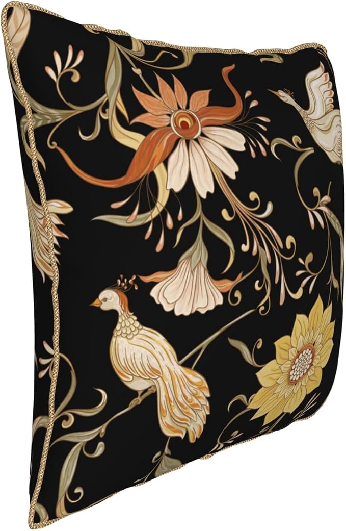 Flowers Birds Velvet Pillow Covers 16x16 Inch Vintage Floral Black Throw Pillows for Couch Farmhouse Cushion Covers Pillowcase Retro Rustic Pillow Cases for Sofa Bed Living Room Outdoor