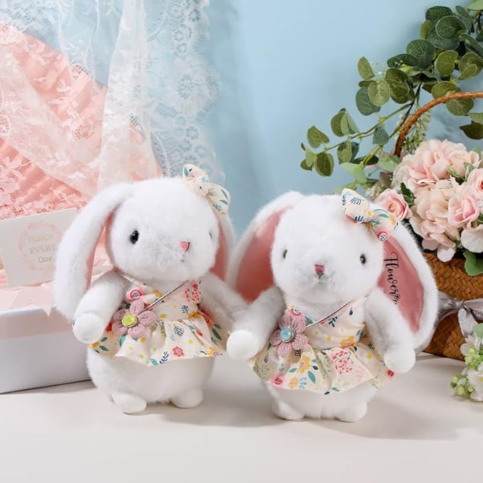 Meooeck Flower Girl Stuffed Animal Bunny Plush Toy with Embroidered Flower 10" Cute Bunny Doll Bride Gifts for Wedding Party Proposal Decorations (2 Pcs)