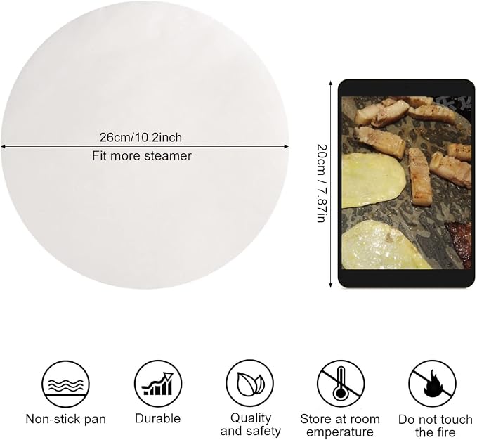 Parchment Paper Rounds, 100Pcs 10 Inch Indoor Korean BBQ Grill Paper Dutch Oven Liners Non Stick Round BBQ Paper Baking Sheets for Cake Pan Air Fryer Steamer Pizza