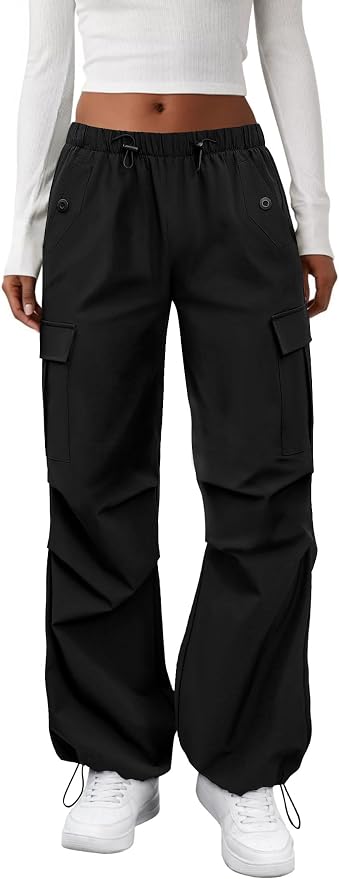 COPYLEAF Cargo Pants Women Elastic Waisted Parachute Hiking Pants with Pockets Water-Resistant Lightweight Baggy Pants