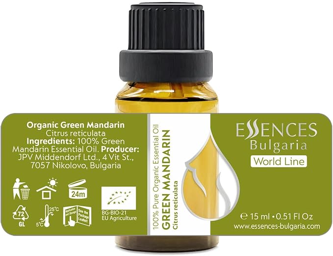 Essences Bulgaria Organic Green Mandarin Essential Oil 0.51 Fl Oz 15ml Citrus reticulata - 100% Pure and Natural Undiluted Therapeutic Grade Aromatherapy Diffuser Humidifier Candle Making Body Oil