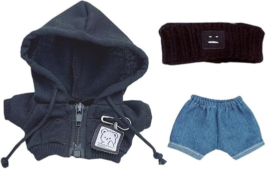 niannyyhouse 10cm-15cm Plush Doll Clothes Headband Coat Jeans Compatible with 17cm Labubu Doll (Black+Blue)
