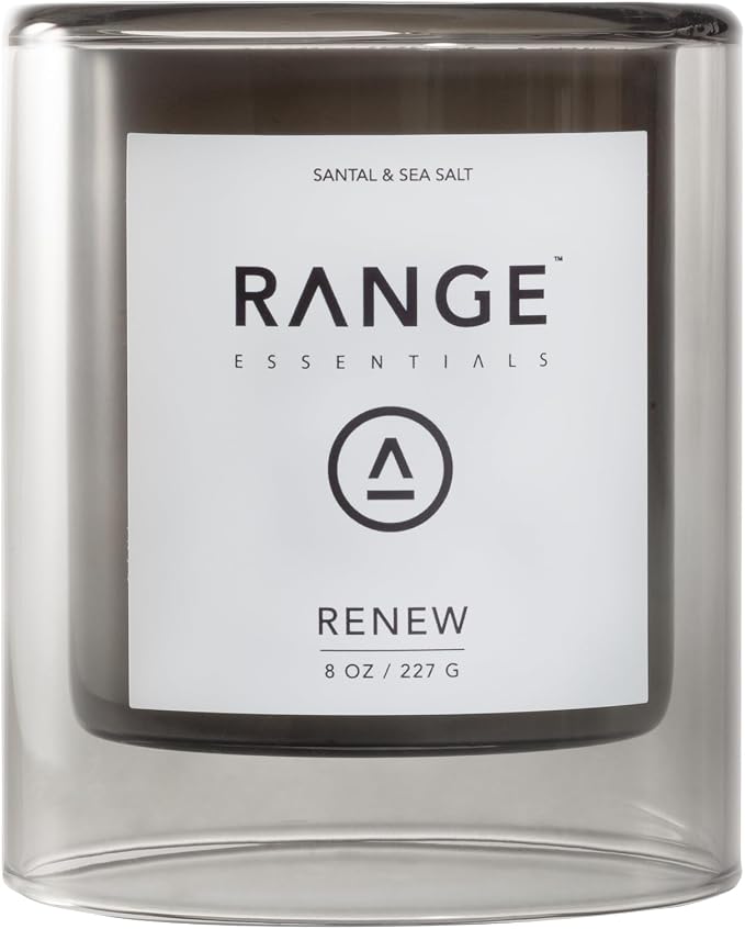 Range Essentials Renew Candle, Sandalwood Scent, Soy Wax, Aromatherapy, Relaxing Ambiance, Clean-Burning, Lead-Free Cotton Wick, Essential Oils, Home Fragrance, Meditation Spa, Gift, 8oz (227g)