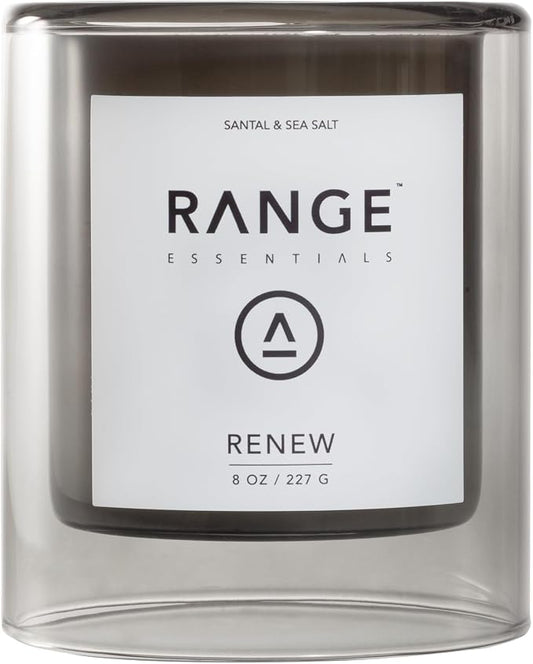 Range Essentials Renew Candle, Sandalwood Scent, Soy Wax, Aromatherapy, Relaxing Ambiance, Clean-Burning, Lead-Free Cotton Wick, Essential Oils, Home Fragrance, Meditation Spa, Gift, 8oz (227g)