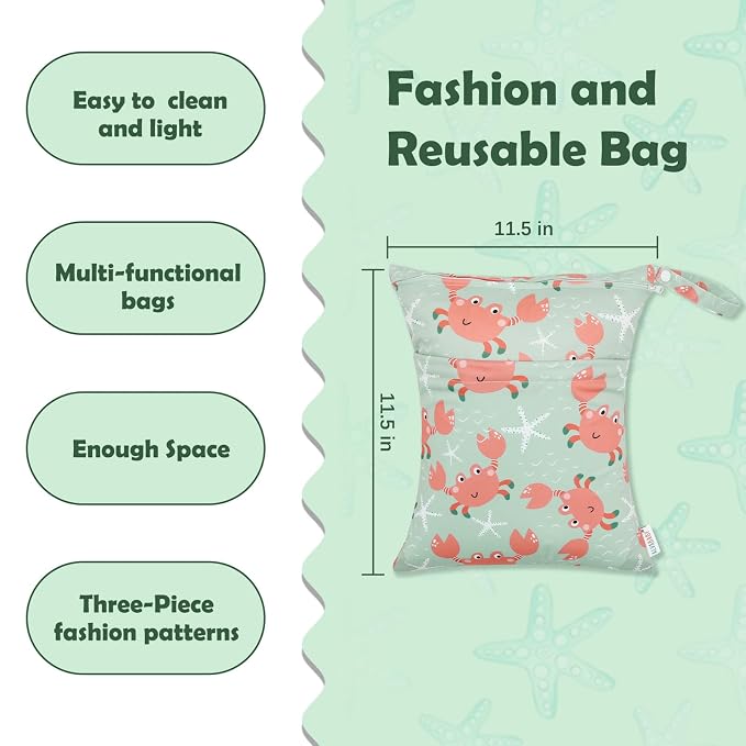ALVA ALVABABY 3pcs Cloth Diaper Wet Dry Bags Waterproof Reusable with Two Zippered Pockets Travel Beach Pool Daycare Soiled Baby Items Yoga Gym Bag for Swimsuits or Wet Clothes 3L-ZM15A