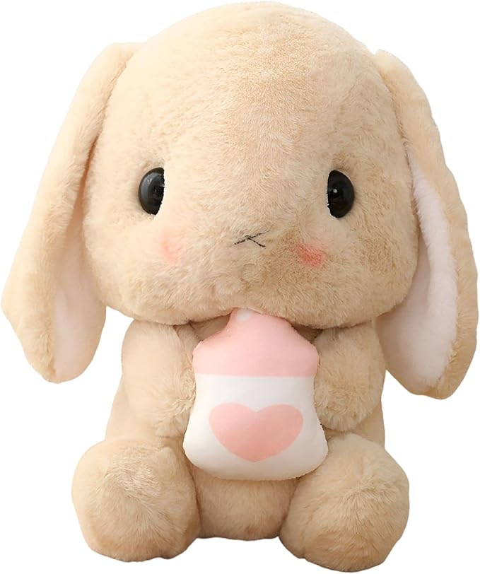 HOUPU Soft Toy - Sitting Lop Eared Rabbit, Easter White Rabbit Stuffed Bunny Animal with Carrot Soft Lovely Realistic Long-Eared Standing Pink Plush Toys (Brown-Milk Bottle,12.5in/32cm)