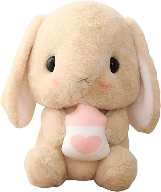 HOUPU Soft Toy - Sitting Lop Eared Rabbit, Easter White Rabbit Stuffed Bunny Animal with Carrot Soft Lovely Realistic Long-Eared Standing Pink Plush Toys (Brown-Milk Bottle,8.6in/22cm)