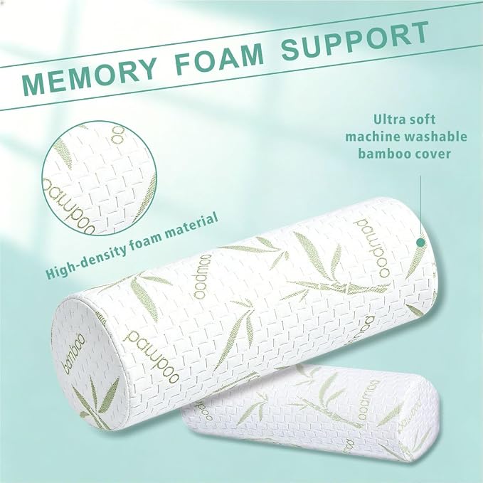 Cervical Neck Roll Pillow – Memory Foam Bolster Pillow for Neck & Back Support, Ergonomic Cylinder Pillow with Washable Bamboo Cover for Side Sleepers, Lumbar, Knee & Leg Support