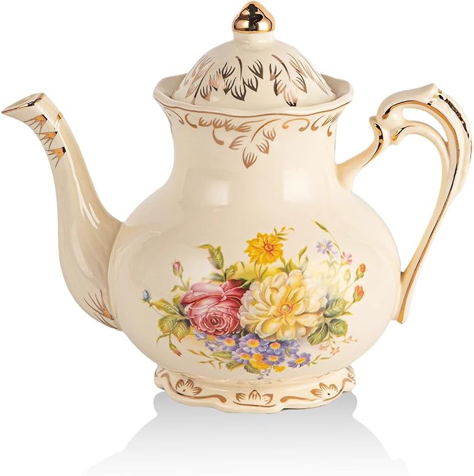 YOLIFE Flowering Shrubs Teapot, 25 OZ/ 3 Cup Ivory Vintage Porcelain Tea Pot with Infuser, Floral Teapot with Gold Leaves Trim Design