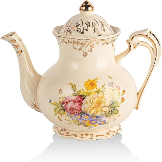 YOLIFE Flowering Shrubs Teapot, 25 OZ/ 3 Cup Vintage Ivory Porcelain Tea Pot, Ivory Floral Teapot with Gold Trim