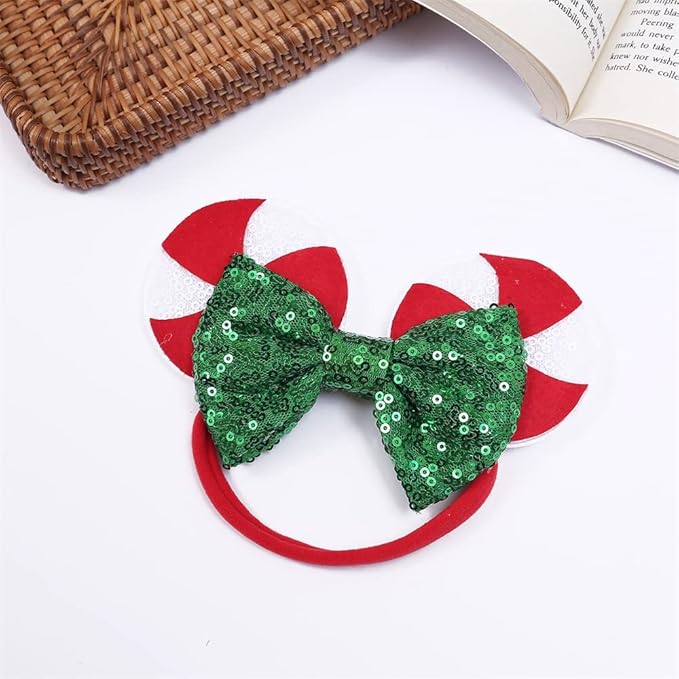 JIAHANG Christmas Mouse Ear Nylon Headband with Sequin Bow and Lollipop Pattern, Red Soft Elastic Hair Bow Hair Band, Party Headwear for Baby Girls
