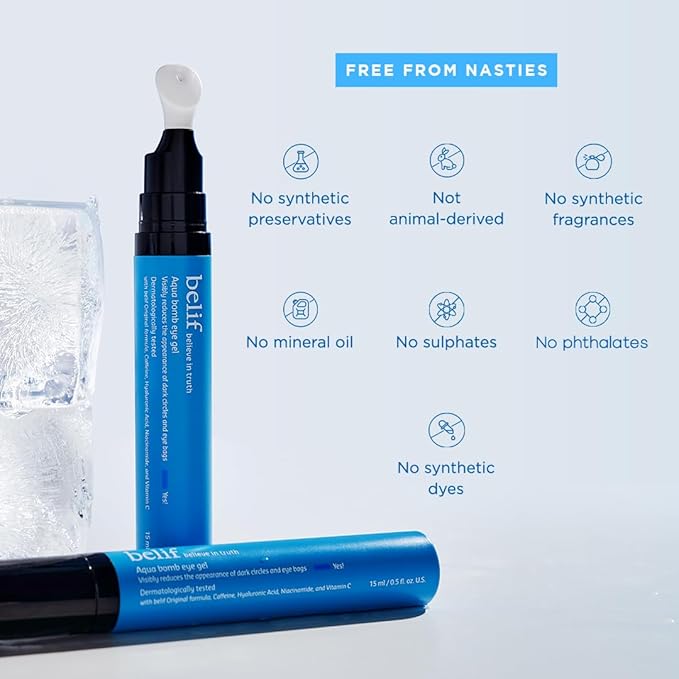 belif Aqua Bomb Cooling Eye Gel - Caffeine & Hyaluronic Acid for Puffiness & Hydration, Niacinamide & Vitamin C for Dark Circles, Adenosine & Collagen for Plumping, Korean Skin Care