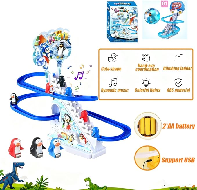 Penguin Climbing Toy Set Electric Light Slide Climbing Toys for Automatic Stairs,Playful Santa Race Game Christmas Roller Climbing Toys with LED Light and Music for Toddlers Boys Girls