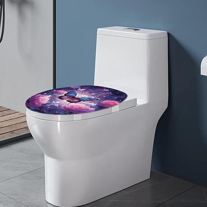 Purple Butterfly Toilet Lid Cover with Elastic Bottom for Bathroom Butterflies Toilet Seat Pads Universal Toilet Tank Cover Replacement Bathroom Dust Cover Replacement