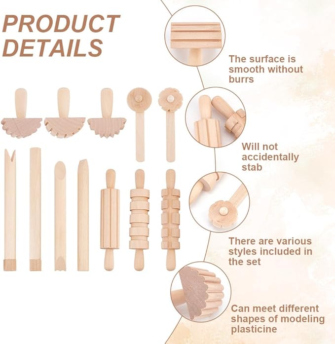 OLYCRAFT 12pcs Clay and Dough Tools Play Accessories Includes Rollers Hammer Party Pack Wood Pottery Tools Stamps for Clay Art DIY Crafts Art Craft Activity Supplies
