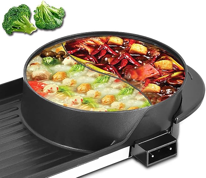 Non-stick Hot Pot with Grill, 2200W Shabu Shabu Hot Pot Korean BBQ Grill, Indoor Electric Hotpot and Grill Combo, Independent Temperature Control for Family and Friends Gathering(2-12 People)