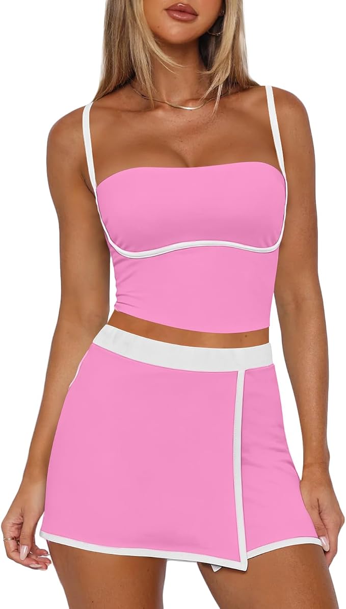 Tennis Skirt Sets Women 2 Piece Outfits Workout Sets Spaghetti Strap Tank Top and Skort Set Athletic Gym Yoga Outfits