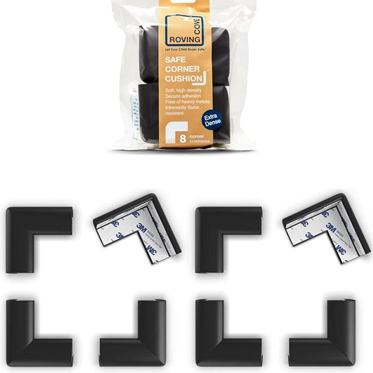 Roving Cove Slimfit Corner Protector for Baby Proofing (8 Small Corners), Soft Rubber Foam Furniture Corner Bumper Guards, 3M Adhesive Pre-Taped, Onyx Black