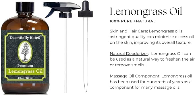 Lemongrass Essential Oil 4 Fl Oz with Dropper and Sprayer - 100% Pure and Natural - Hair Care, Home Diffusers, Skin Care, Aromatherapy, Massage and Humidifiers, and Garden Care
