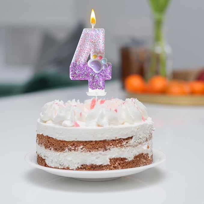 Pink Cat and Dog Paw Birthday Number Candles, Cupcake Decorations, Dog Theme Candles, Suitable for Party Celebrations, Birthday Decoration Supplies (Number 4)