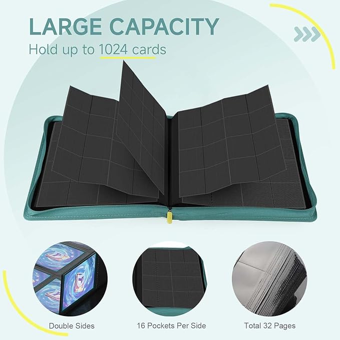 Card Binder with 1024 Cards,16 Pocket Trading Card Binder Includes 32 Page Storage Sleeves,Collection Card Album,Card Holder to Organize and Protect Cards,Green