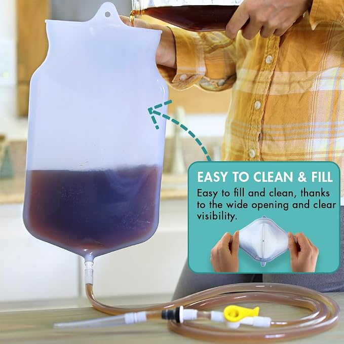 Enema Bag Kit 2 Quart - Silicone Coffee Enema & Colon Cleanse Home Kit | Medical Grade Silicone, BPA & Phthalate Free, 6 Nozzles, 6-Foot Tubing, Leak Resistant & Easy to Clean