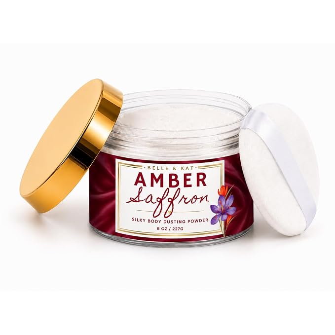 Body Dusting Powder for Men & Women Scented Amber & Saffron (our version of B. Rouge type), Bath Perfume Powder with Fragrance & Essential Oils, Talc Free 8oz Container with Soft Puff, Made in USA