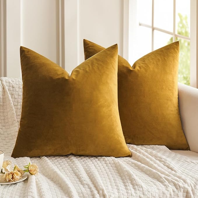 MIULEE Velvet Throw Pillow Covers 16x16 Inch Pack of 2 Mustard Yellow | Soft Solid Small Decorative Pillow Covers, Modern Luxury Home Decor, for Couch Chair Sofa Bedroom Livingroom Car