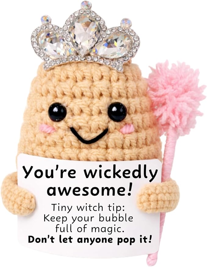 M.O.Q. Mini Funny Pink Witch Birthday Crochet Ideas Gifts for Women Her Him Ages 14+, Small Cute Stuff Things, Handmade Emotional Positive Crochet Witch Decor