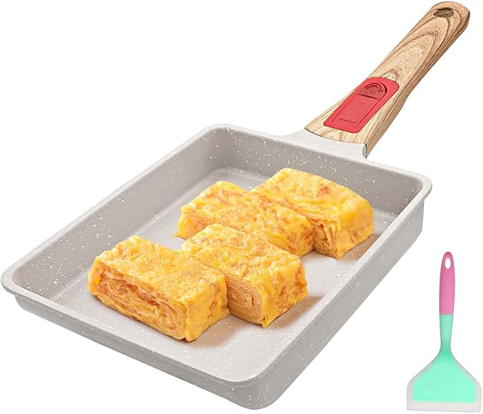 AIKENBBKK Tamagoyaki Pan, Japanese Omelette Pan Nonstick, Japanese Egg Pan, Square Egg Pan, Induction-Ready, Detachable Handle, with Silicone Spatula, PFAS & PFOA-Free, Oven Safe, White, 7.5” x 6.3”