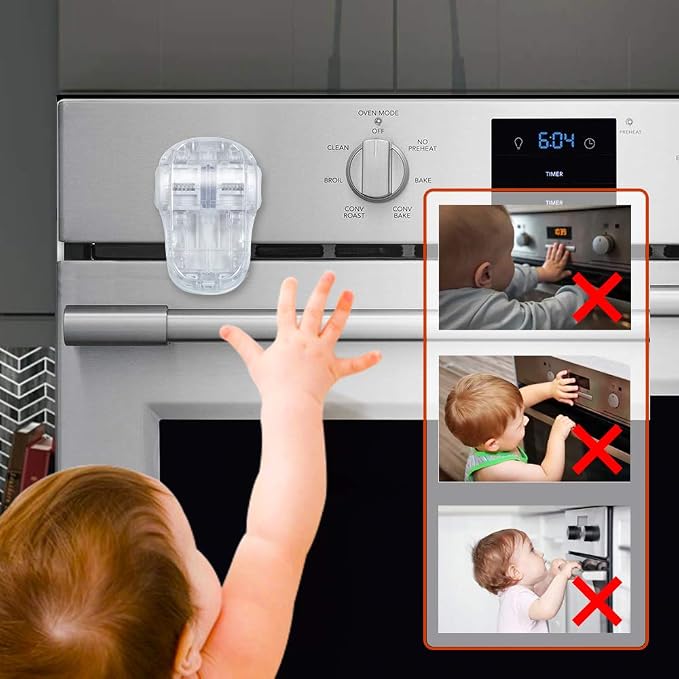 EUDEMON Child Safety Heat-Resistant Oven Door Lock, Oven Front Lock for Kids Easy to Install, Use Adhesive,No Screws or Drill (1 Pack,Clear-White)(Only for Flat Surface)