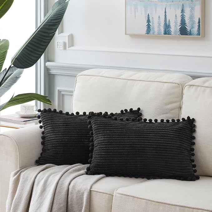 Fancy Homi 2 Pack Black Lumbar Decorative Throw Pillow Covers 14x24 Inch with Pom-poms for Couch Bedroom Sofa, Farmhouse Boho Home Decor, Soft Corduroy Solid Rectangle Cushion Case 35x60 cm