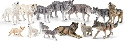 14PCS Wolf Toy Animal Figurines, Realistic Plastic Zoo Safari Animal Toys for Toddlers 3 4 5 6 7, Forest Wolf Animals Figures, Educational Toy Cake Toppers Birthday Gift for Kids Boys Girls