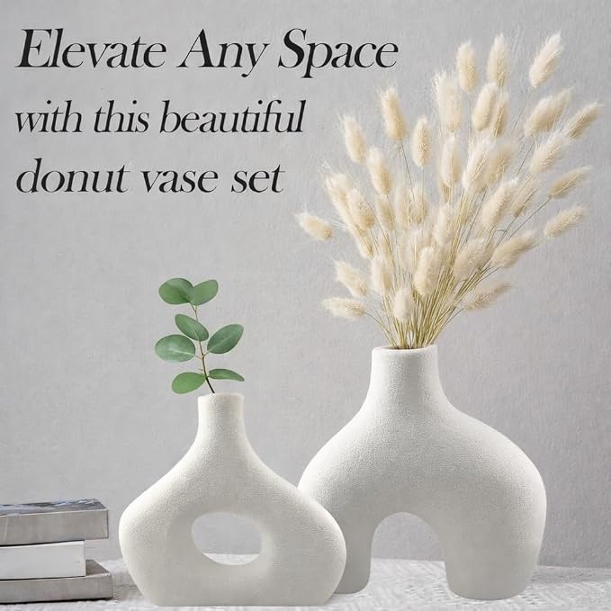 3D Printed Donut Vase Set of 2 – White Plastic Planter Vase with Drainage – Large Minimalist Nordic Hollow Design for Olive Tree, Modern Home Decor, Table, Console, Wedding (3D Printed in THE USA)