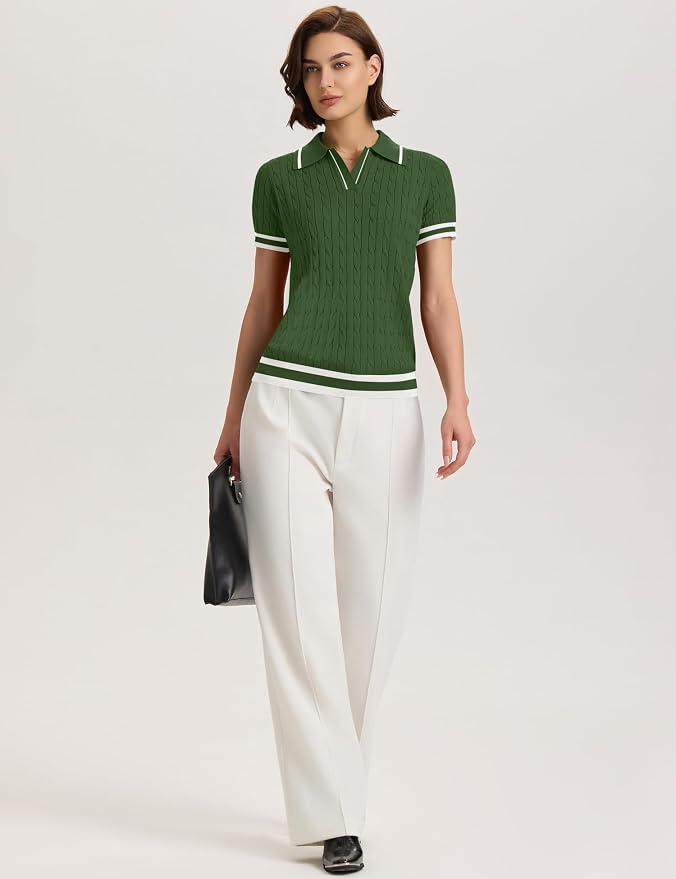 Micoson Womens Short Sleeve Sweater Tops Lapel V Neck Polo Shirts 2026 | Summer Cable Knit Loose Blouses, Business Casual Outfits